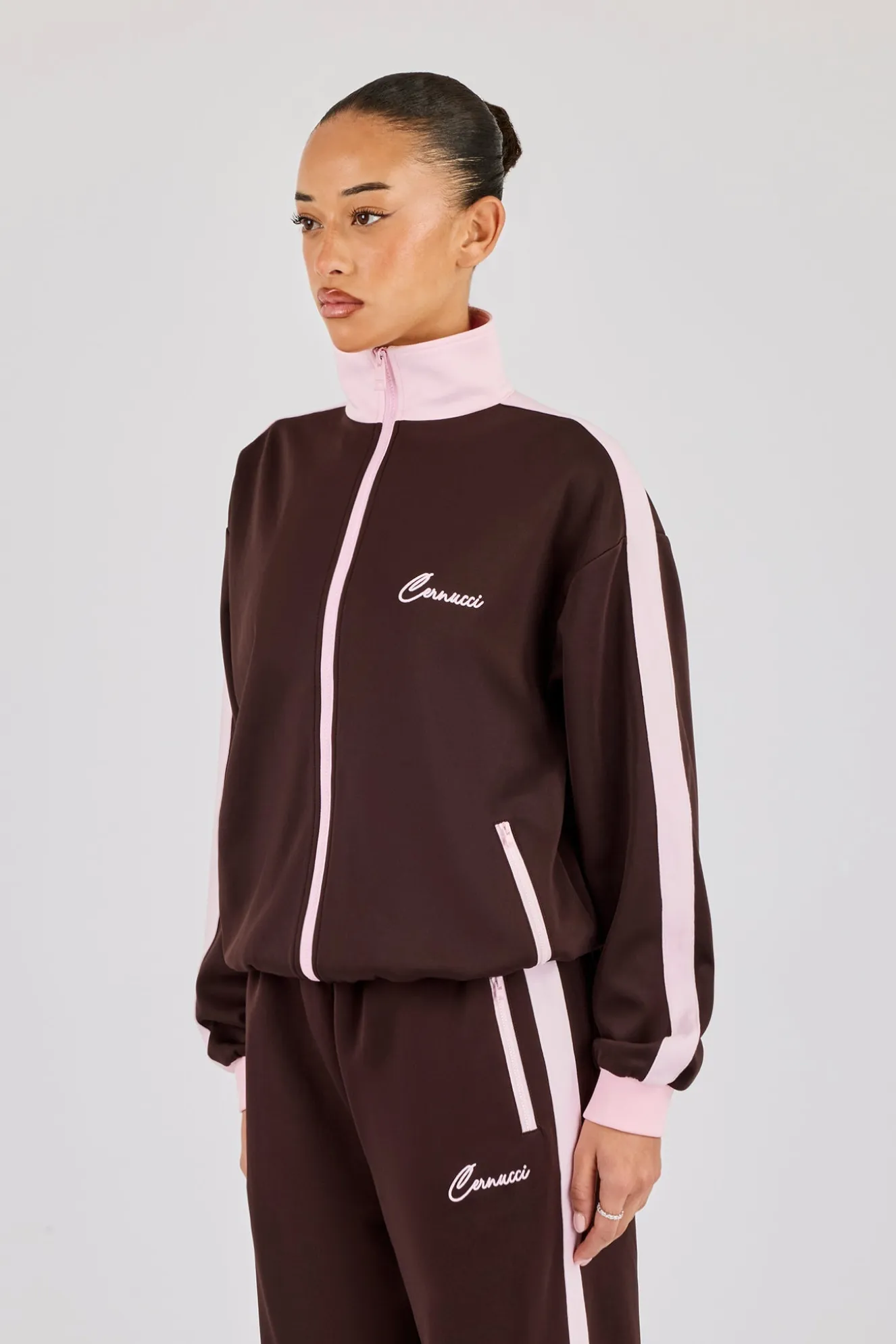 Pink Rib Contrast Panel Track Top - Chocolate
