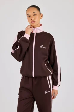 Pink Rib Contrast Panel Track Top - Chocolate