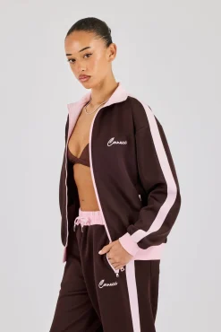 Pink Rib Contrast Panel Track Top - Chocolate