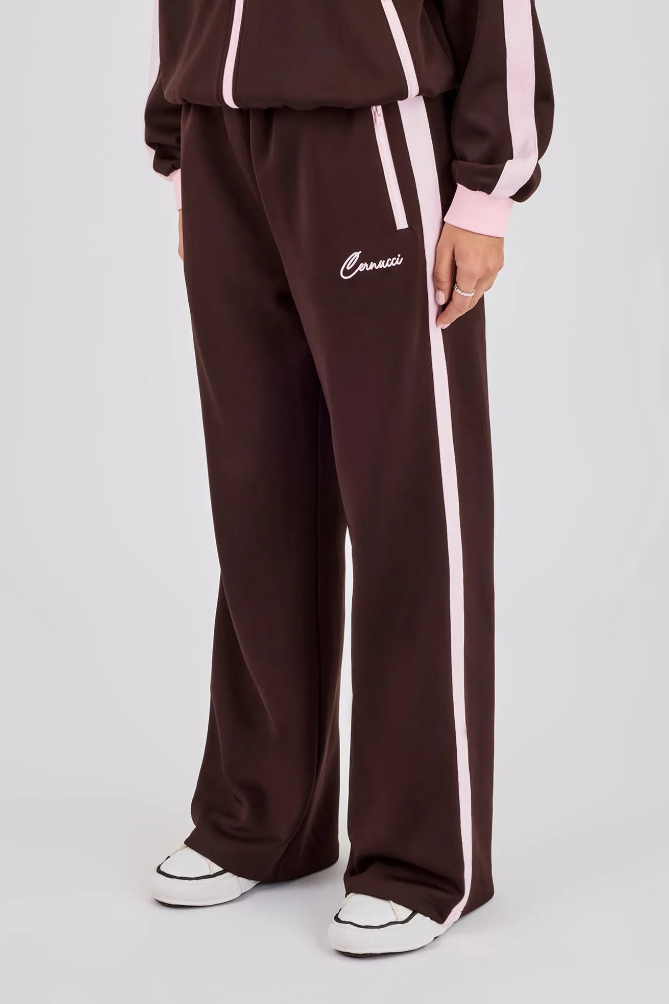 Pink Rib Contrast Track Pant - Chocolate