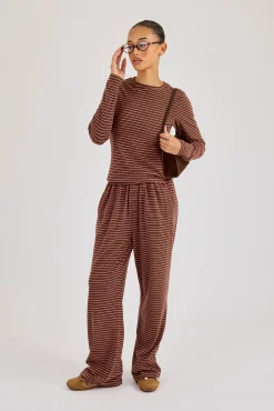 Pink Stripe Soft Touch Button Detail Wide Leg Jogger - Chocolate