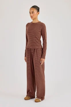Pink Stripe Soft Touch Long Sleeve Top & Button Detail Wide Leg Jogger - Chocolate