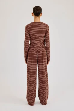 Pink Stripe Soft Touch Long Sleeve Top & Button Detail Wide Leg Jogger - Chocolate
