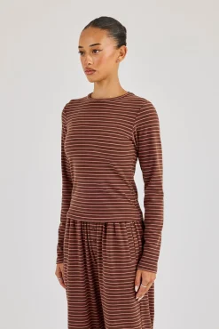 Pink Stripe Soft Touch Long Sleeve Top - Chocolate