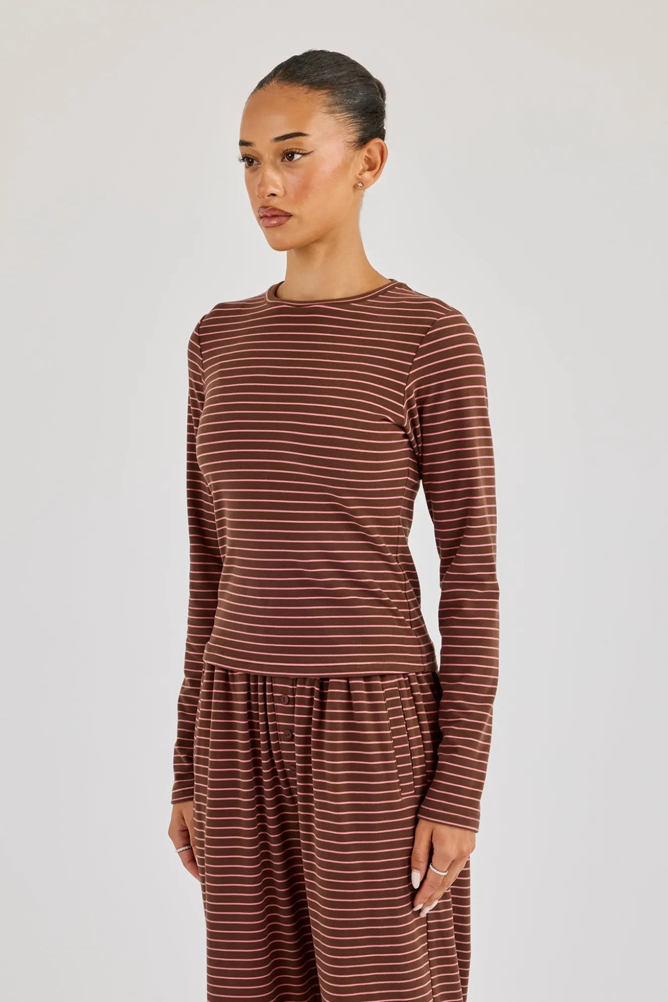 Pink Stripe Soft Touch Long Sleeve Top - Chocolate
