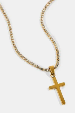 Plain Cross Pendant Tennis Necklace - 12mm - Gold