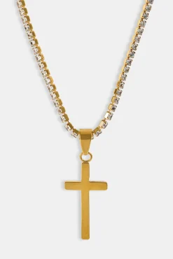 Plain Cross Pendant Tennis Necklace - 12mm - Gold