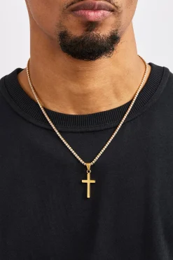 Plain Cross Pendant Tennis Necklace - 12mm - Gold