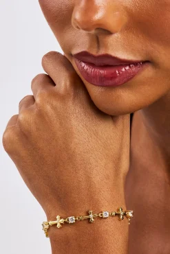 Polished Cross & Circular CZ Bracelet - 4mm - Gold