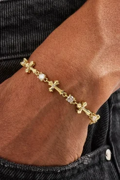Polished Cross & Circular CZ Bracelet - 4mm - Gold