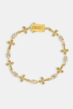 Polished Cross & Circular CZ Bracelet - 4mm - Gold