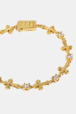 Polished Cross & Circular CZ Bracelet - 4mm - Gold