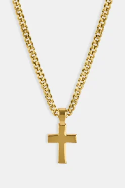 Polished Drop Cross Cuban Necklace - 3mm - Gold