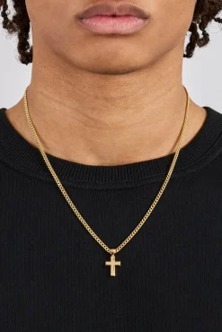 Polished Drop Cross Cuban Necklace - 3mm - Gold