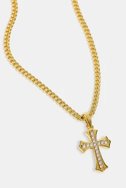 Polished Edge Iced Cross Cuban Necklace - 25mm - Gold