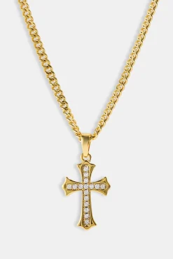 Polished Edge Iced Cross Cuban Necklace - 25mm - Gold