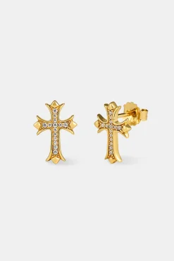 Polished Edge Iced Cross Stud Earrings - 15mm - Gold