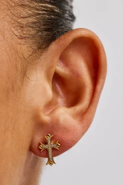 Polished Edge Iced Cross Stud Earrings - 15mm - Gold