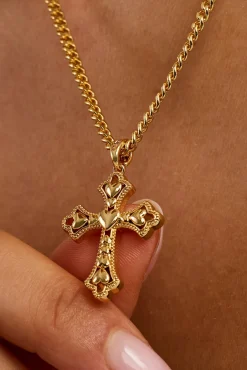 Polished Heart Cross Pendant Necklace - 25mm - Gold
