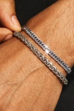 Polished Wheat Link Bracelet & Square Cuban Bracelet - 5mm - White