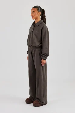 Polo Sweatshirt & Wide Leg Jogger - Coffee