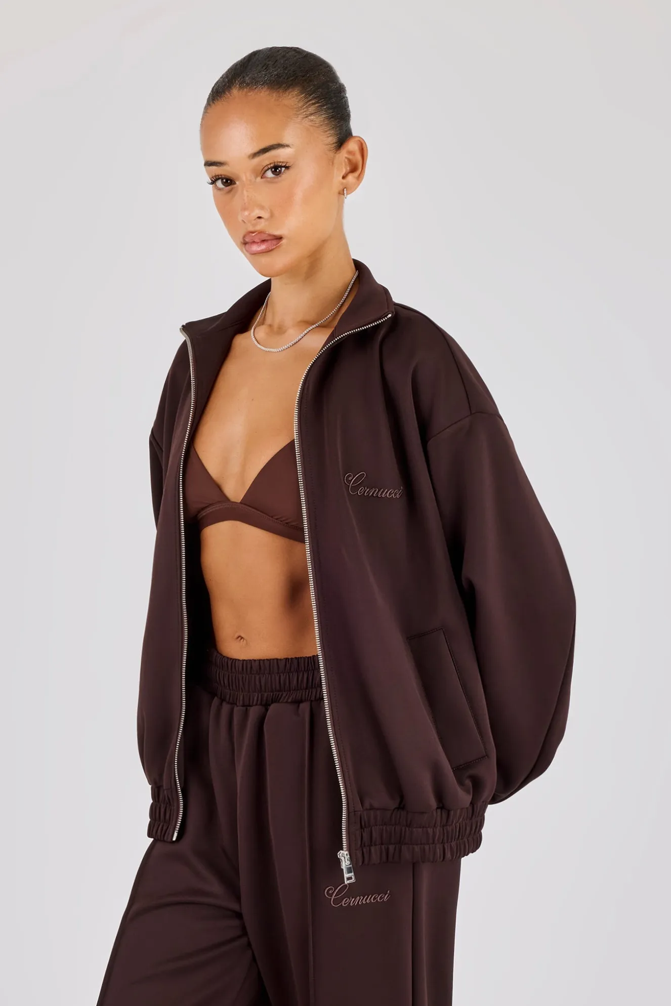 Poly Embroidered Track Jacket - Brown