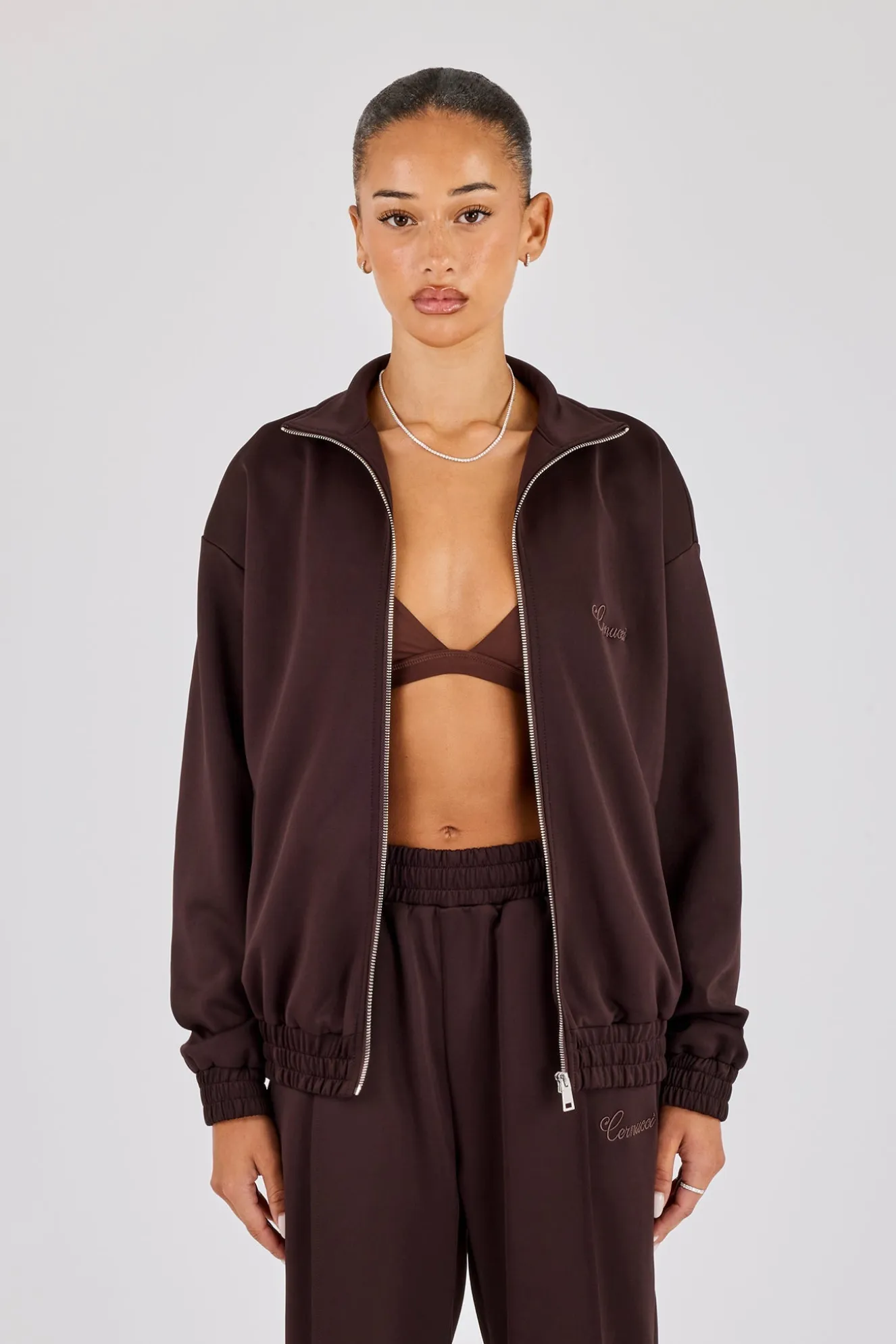 Poly Embroidered Track Jacket - Brown