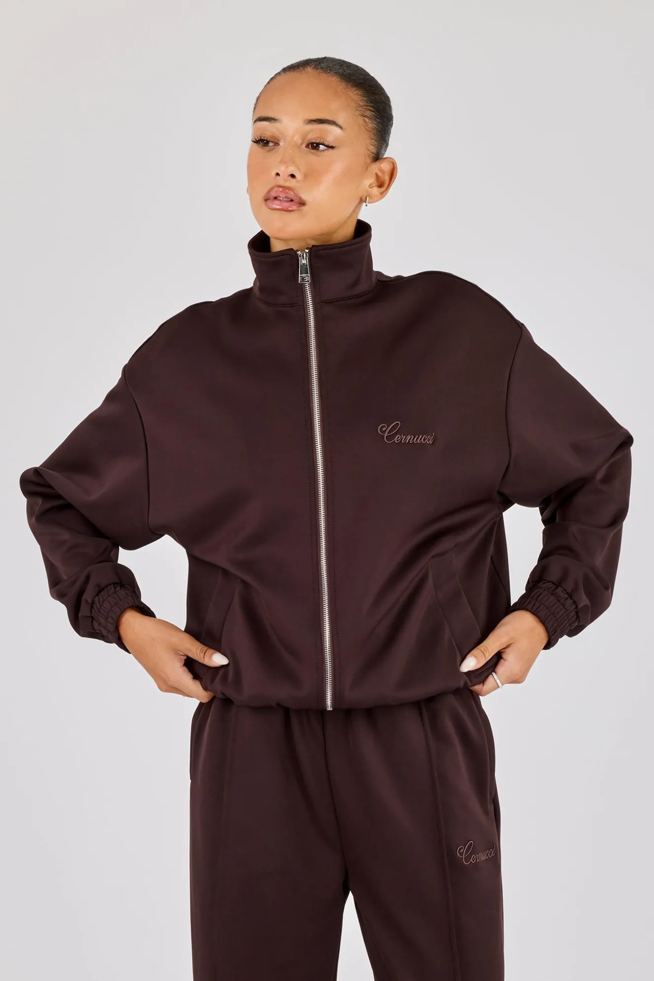 Poly Embroidered Track Jacket - Brown