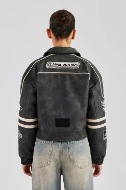 PU Moto Badge Harrington Jacket - Charcoal