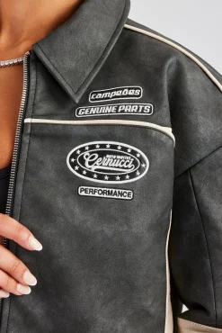 PU Moto Badge Harrington Jacket - Charcoal