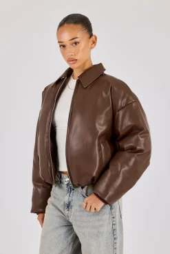PU Padded Collared Bomber Jacket - Brown