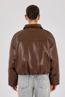 PU Padded Collared Bomber Jacket - Brown