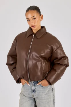 PU Padded Collared Bomber Jacket - Brown