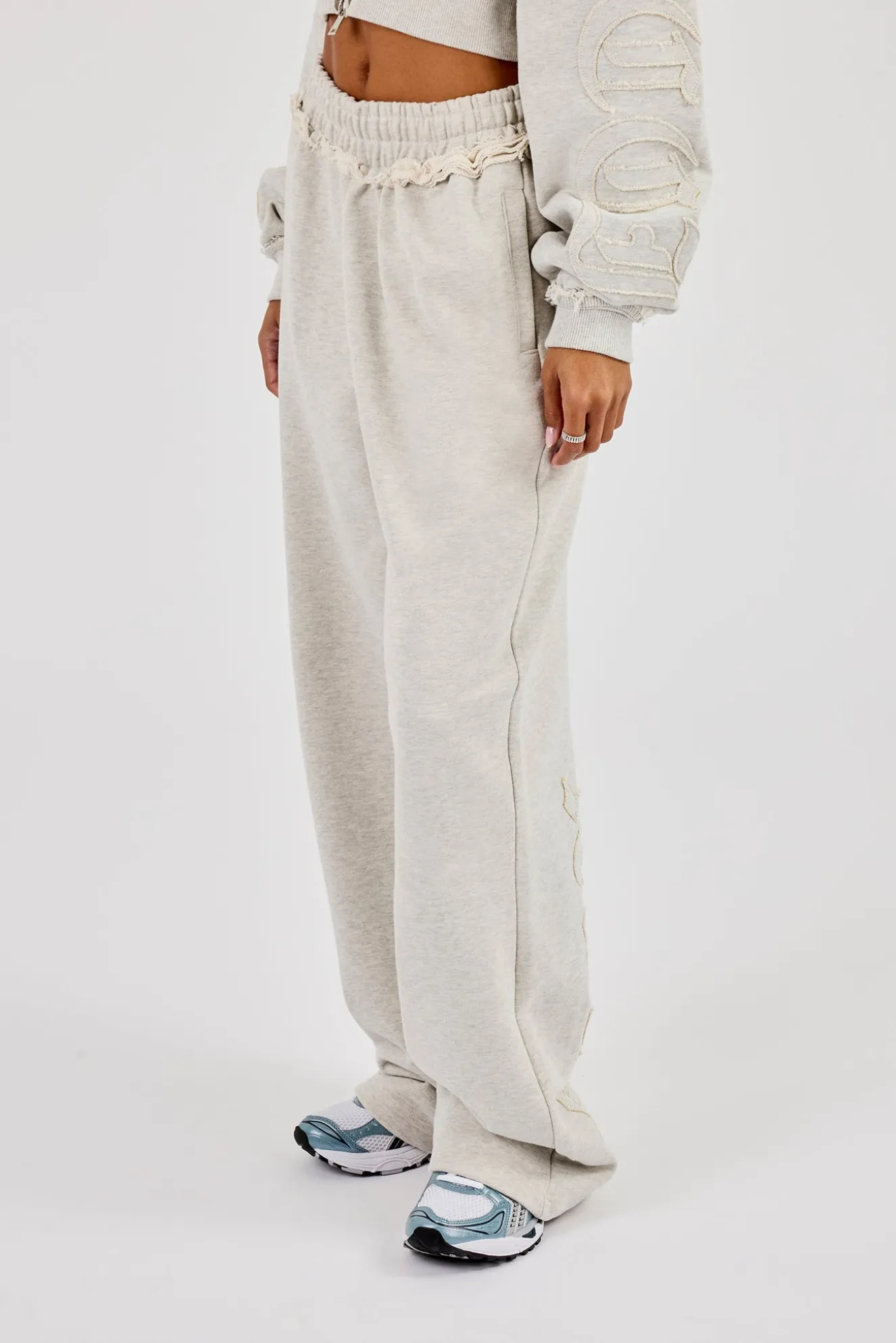 Raw Edge Applique Wide Leg Jogger - Ash Grey