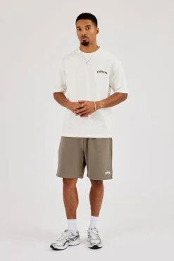 Regular Fit Puff Print T-Shirt & Relaxed Shorts - Taupe
