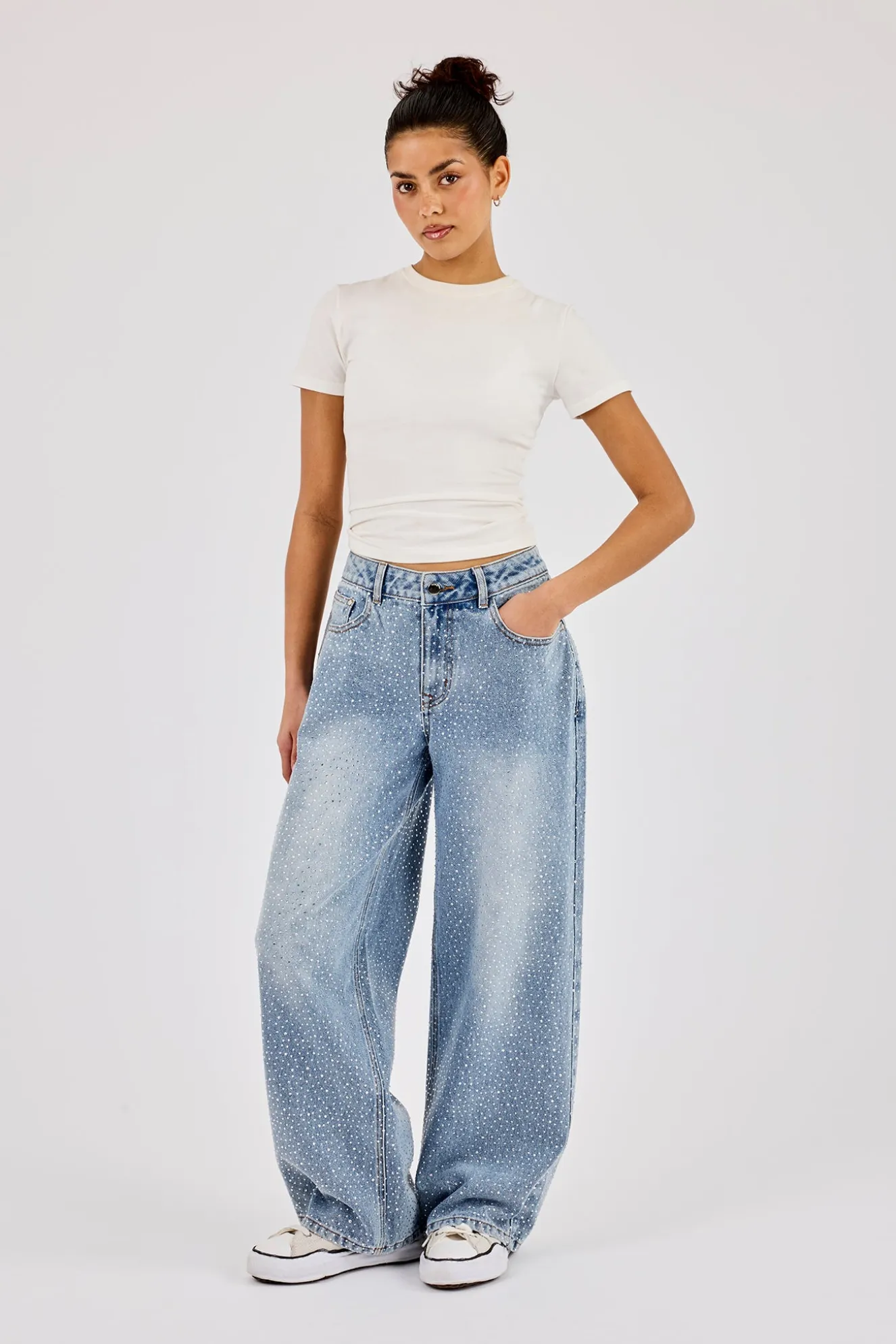 Rhinestone Baggy Low Rise Jean - Light Blue