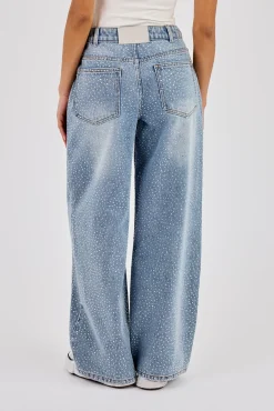 Rhinestone Baggy Low Rise Jean - Light Blue