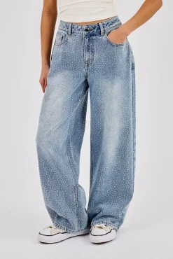 Rhinestone Baggy Low Rise Jean - Light Blue