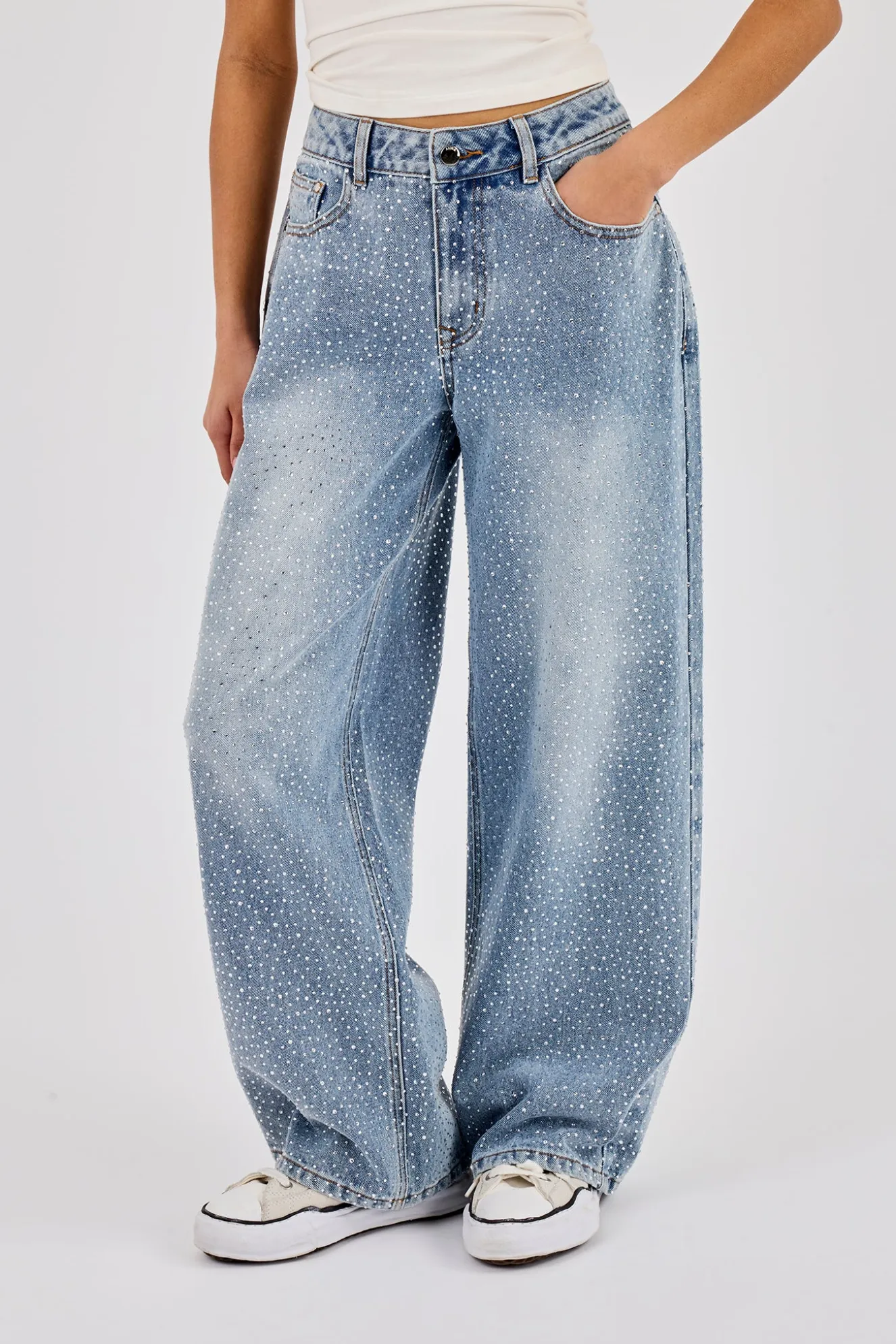 Rhinestone Baggy Low Rise Jean - Light Blue