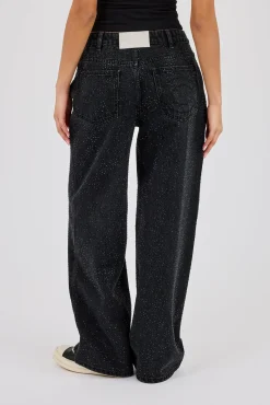 Rhinestone Baggy Low Rise Jean - Washed Black