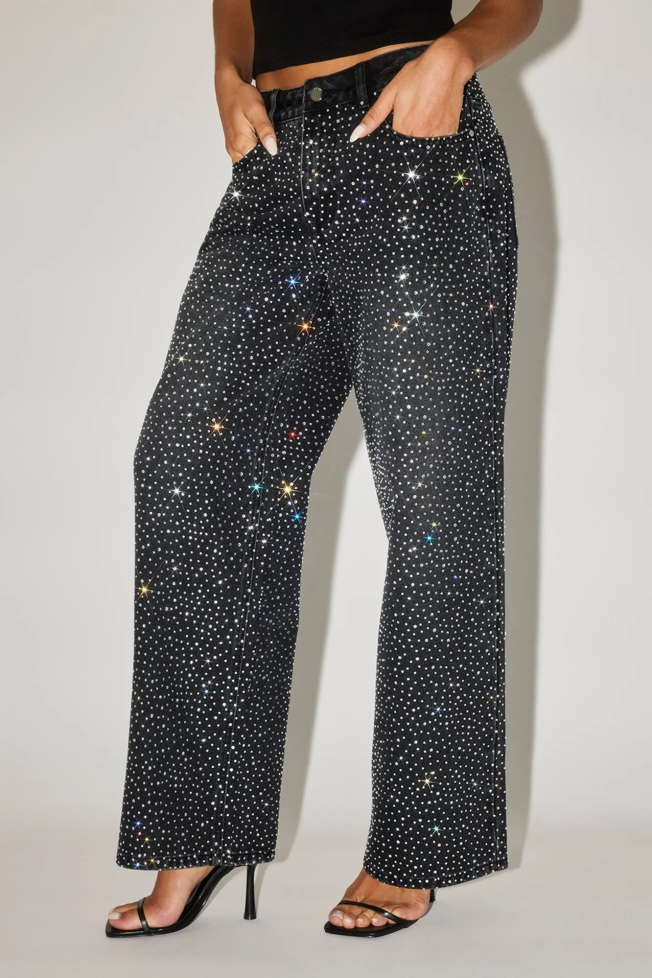Rhinestone Baggy Low Rise Jean - Washed Black