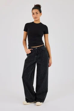 Rhinestone Baggy Low Rise Jean - Washed Black