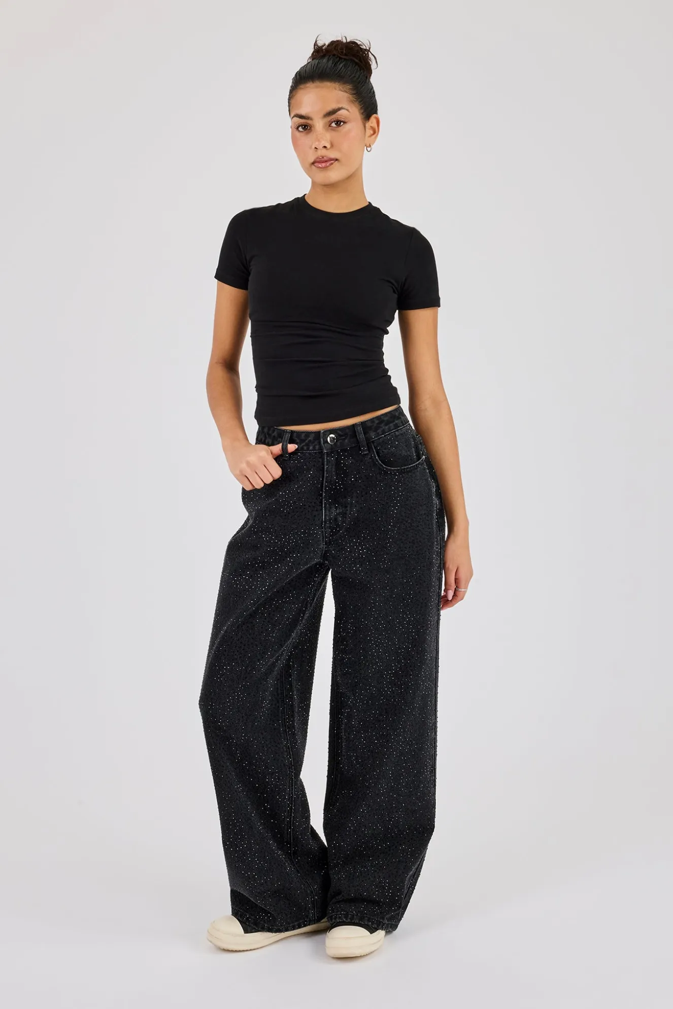 Rhinestone Baggy Low Rise Jean - Washed Black