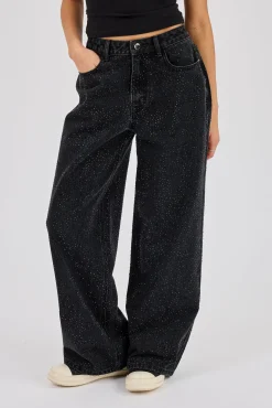 Rhinestone Baggy Low Rise Jean - Washed Black