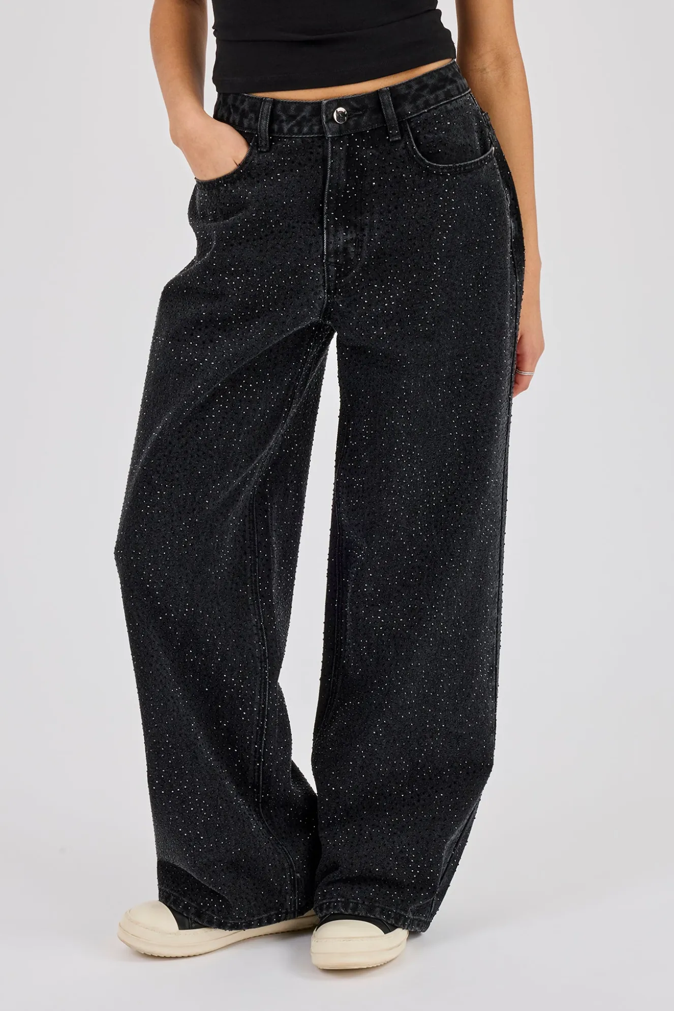 Rhinestone Baggy Low Rise Jean - Washed Black