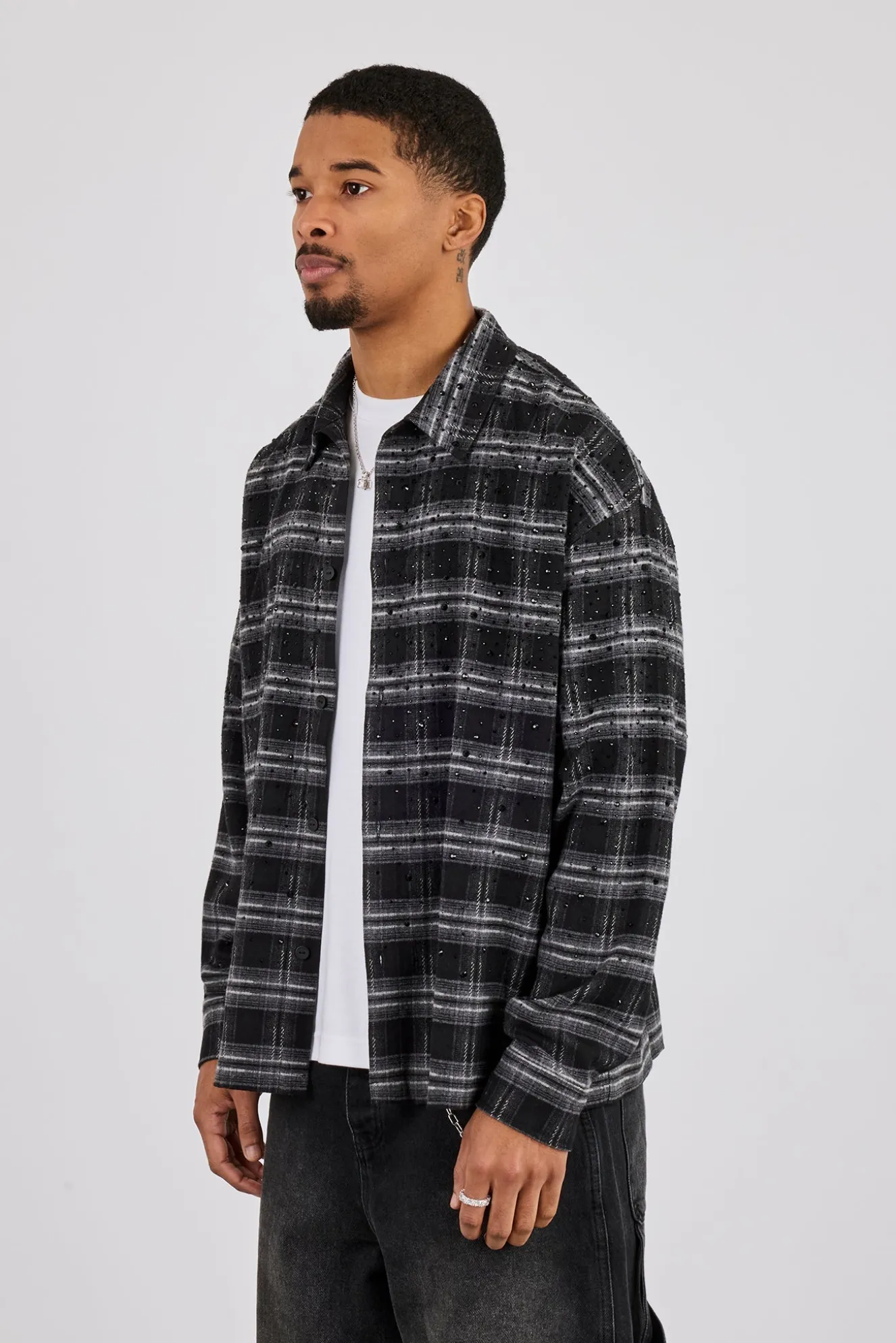 Rhinestone Check Shirt - Black