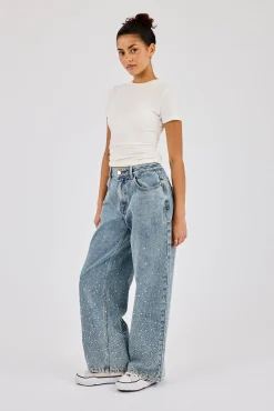 Rhinestone Detail Baggy Jean - Antique Wash