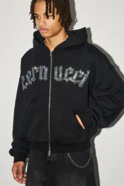 Rhinestone Logo Zip Hoodie - Black