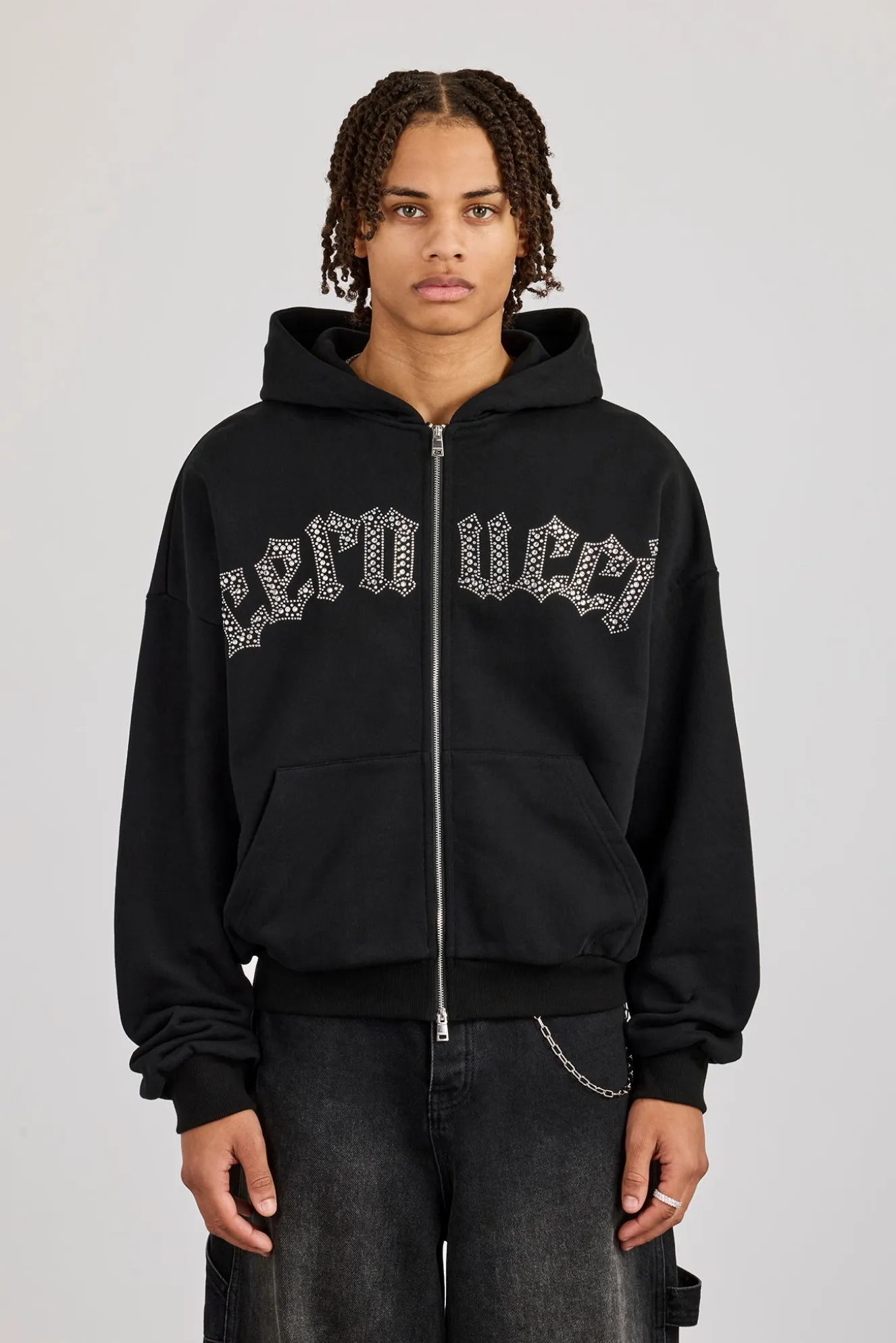 Rhinestone Logo Zip Hoodie - Black