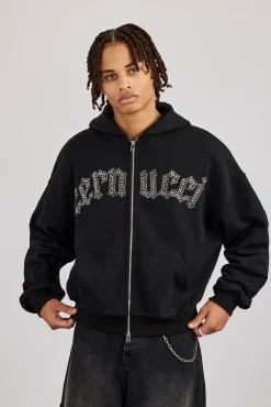 Rhinestone Logo Zip Hoodie - Black